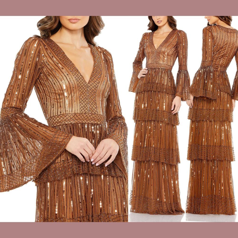 NWT‎ $698 Mac Duggal [ 18 ] Embellished Bell Sleeves Tiered Gown Copper #S1021